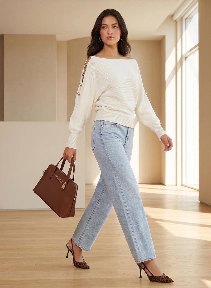 GUESS Beaded Off Shoulder Long Sleeve Pullover Sweater - Image 1