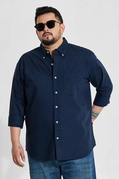 سنيتش Navy Blue Solid Regular Fit Plus Size Shirt