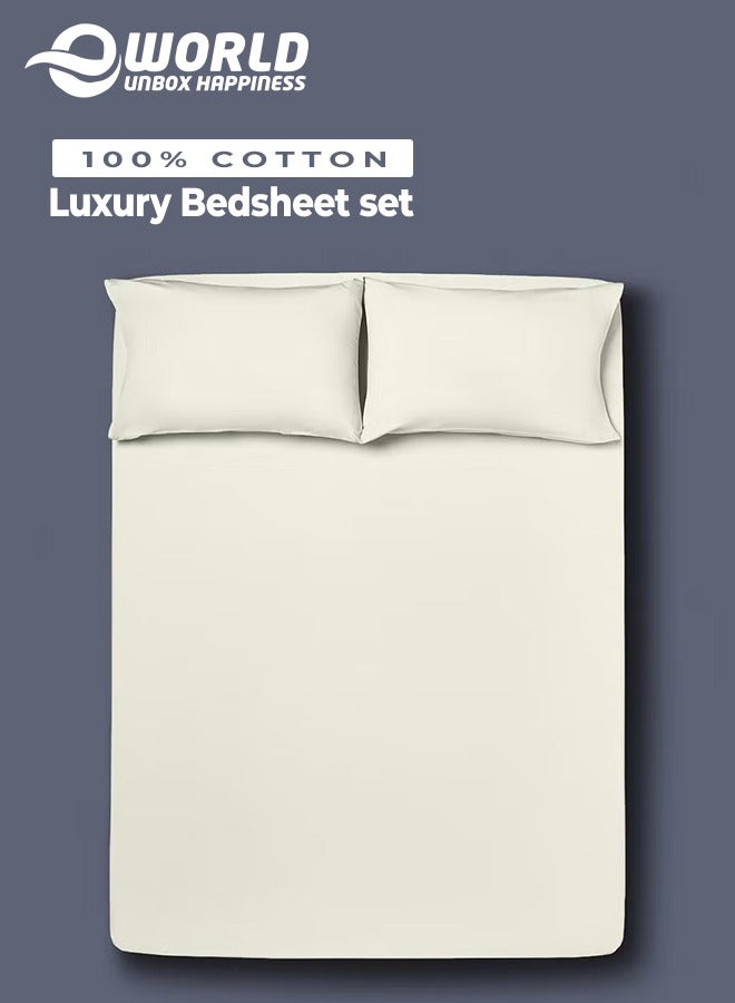 Eworld 3 Piece Luxury Cream Color Plain Bed Sheet Set with 1 Fitted Sheet and 2 Pillowcases for Hotel and Home Crafted from Ultra Soft and Breathable Cotton for Year-Round Comfort, (Double size) - Image 1