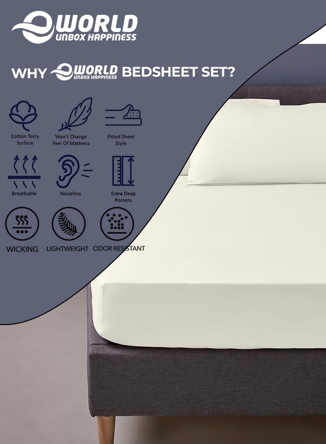 Eworld 3 Piece Luxury Cream Color Plain Bed Sheet Set with 1 Fitted Sheet and 2 Pillowcases for Hotel and Home Crafted from Ultra Soft and Breathable Cotton for Year-Round Comfort, (Double size) - Image 3