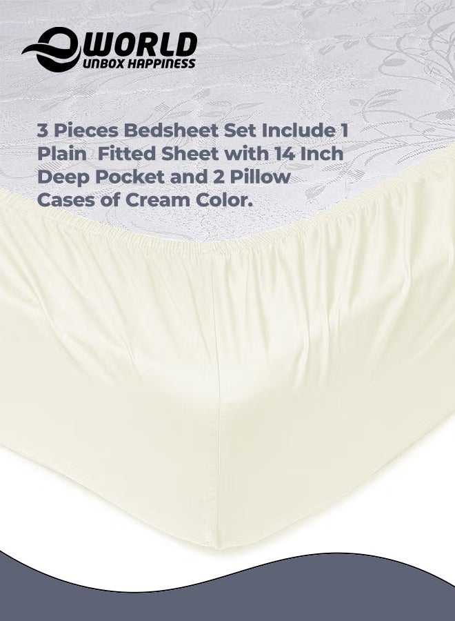 Eworld 3 Piece Luxury Cream Color Plain Bed Sheet Set with 1 Fitted Sheet and 2 Pillowcases for Hotel and Home Crafted from Ultra Soft and Breathable Cotton for Year-Round Comfort, (Double size) - Image 5