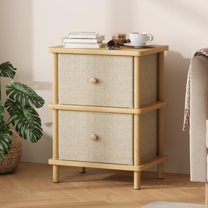 Apicizon Nightstand with 2 Storage Drawers, Boho Side Table with Solid Wood Legs, End Table for Small Spaces, Bedroom, Living Room, Entryway, Natural - Image 1