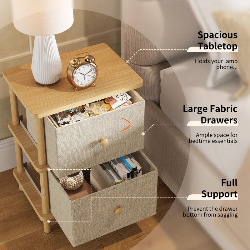 Apicizon Nightstand with 2 Storage Drawers, Boho Side Table with Solid Wood Legs, End Table for Small Spaces, Bedroom, Living Room, Entryway, Natural - Image 3