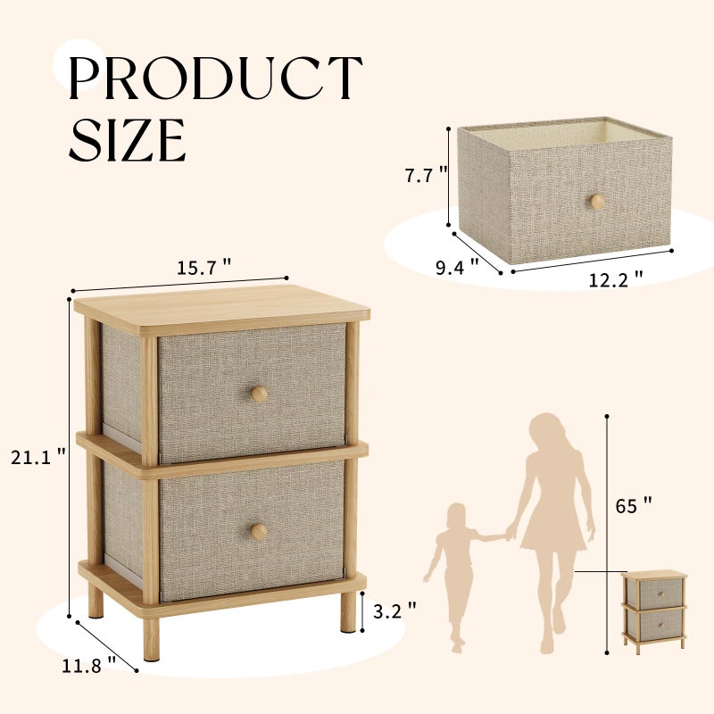 Apicizon Nightstand with 2 Storage Drawers, Boho Side Table with Solid Wood Legs, End Table for Small Spaces, Bedroom, Living Room, Entryway, Natural - Image 2