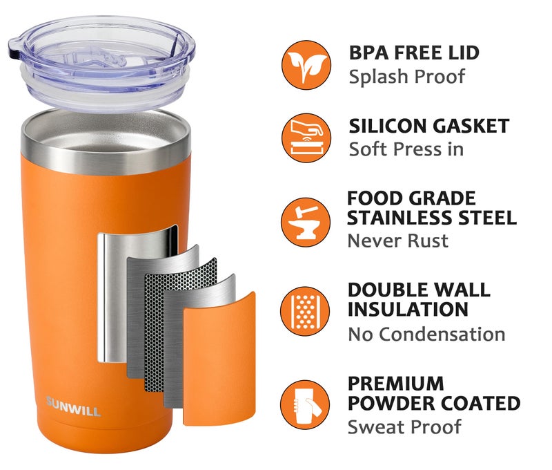SUNWILL Travel Coffee Tumbler 20 oz, Insulated Mug with Lid, Stainless Steel Cup for Hot and Cold Drinks, Powder Coated Orange - Image 2