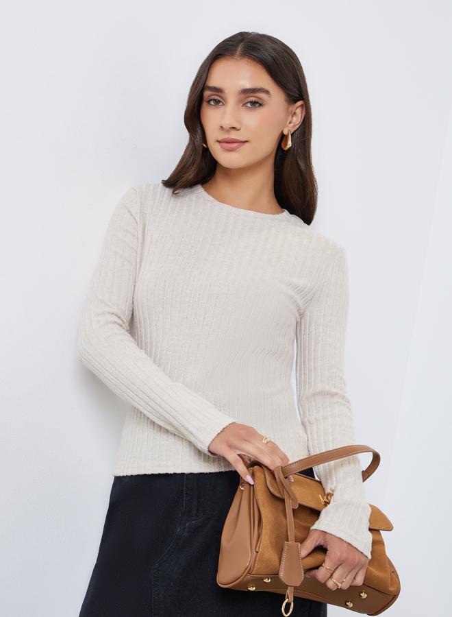 ستايلي بلوزة محبوكة بتفاصيل مضلعة مع أكمام طويلة - Image 1