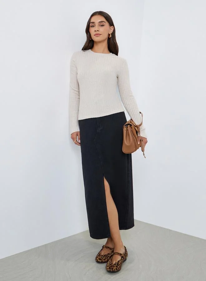 Styli Beige Ribbed Knit Long Sleeve Top