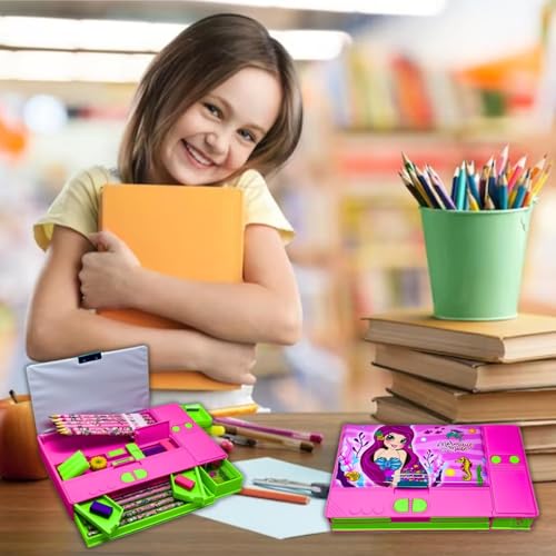S4SQUARE ENTERPRISE Plastic Unicorn Theme Magnetic Pencil Box For Kids, Space Pencil Box For Boys & Girls, Stationery Box, Buttons Operated Pencil Box For Kid (Modern 2),multicolor - Image 4