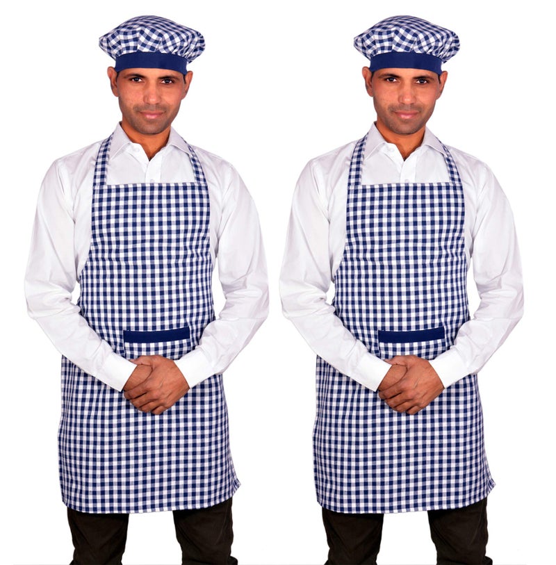 Switchon Cotton Checks Kitchen apron for Home Hotel and cafe pack of 2 - Blue - Image 1