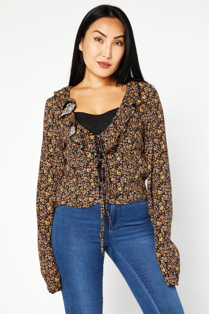 NA-KD Women Tie Neck Long Sleeve Floral Print Top, Black Combo - Image 1