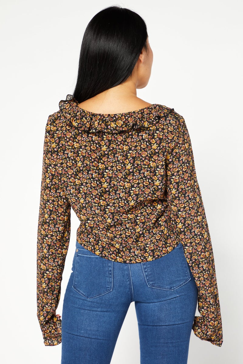 NA-KD Women Tie Neck Long Sleeve Floral Print Top, Black Combo - Image 3