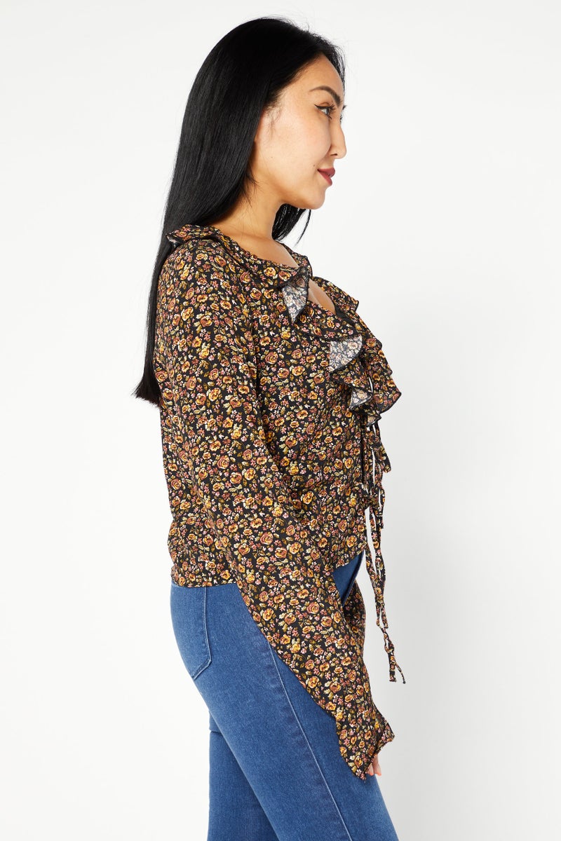 NA-KD Women Tie Neck Long Sleeve Floral Print Top, Black Combo - Image 2