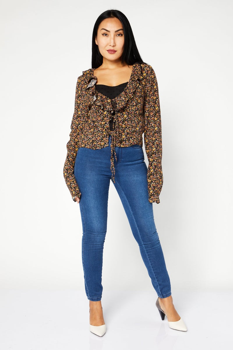 NA-KD Women Tie Neck Long Sleeve Floral Print Top, Black Combo - Image 4