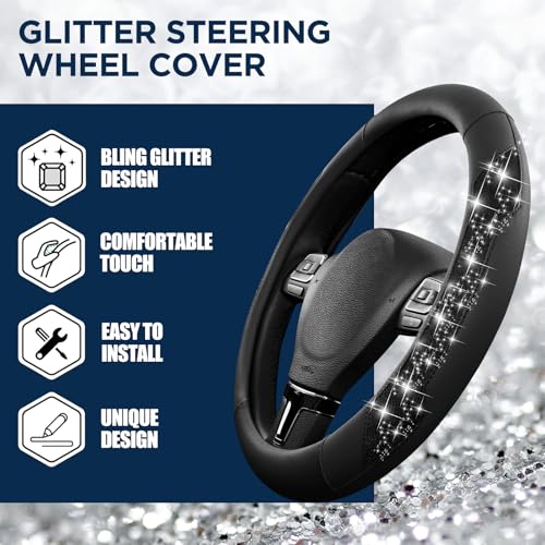 PIC AUTO Steering Wheel Cover, Black Sparkly Crystal Bling Glitter with Leather, Universal Fit 14.5"-15.5" Car Steering Wheels for Girls & Women, Anti-Slip Wheels Cover for Cars, Trucks, Van, SUVs - Image 4