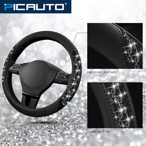 PIC AUTO Steering Wheel Cover, Black Sparkly Crystal Bling Glitter with Leather, Universal Fit 14.5"-15.5" Car Steering Wheels for Girls & Women, Anti-Slip Wheels Cover for Cars, Trucks, Van, SUVs - Image 3