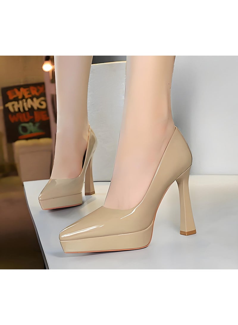 BIGTREE Women's Closed Pointed Toe Pumps Thick High Heels Party Dress Shoes Khaki 12CM - Image 4