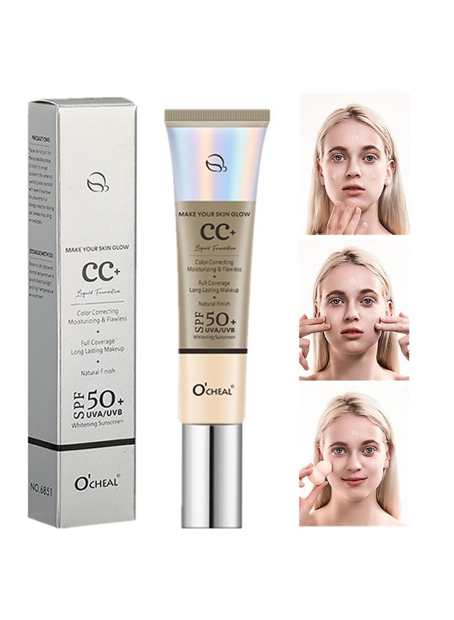 اوكيل كريم CC ، كريم أساس كامل التغطية مع واقي من الشمس المبيض SPF 50 ، كريم أساس CC مضاد للاحمرار ، كريم الوجه المصحح والمشرق ، كريم CC لتعديل لون البشرة ، (# 02 طبيعي) - Image 1