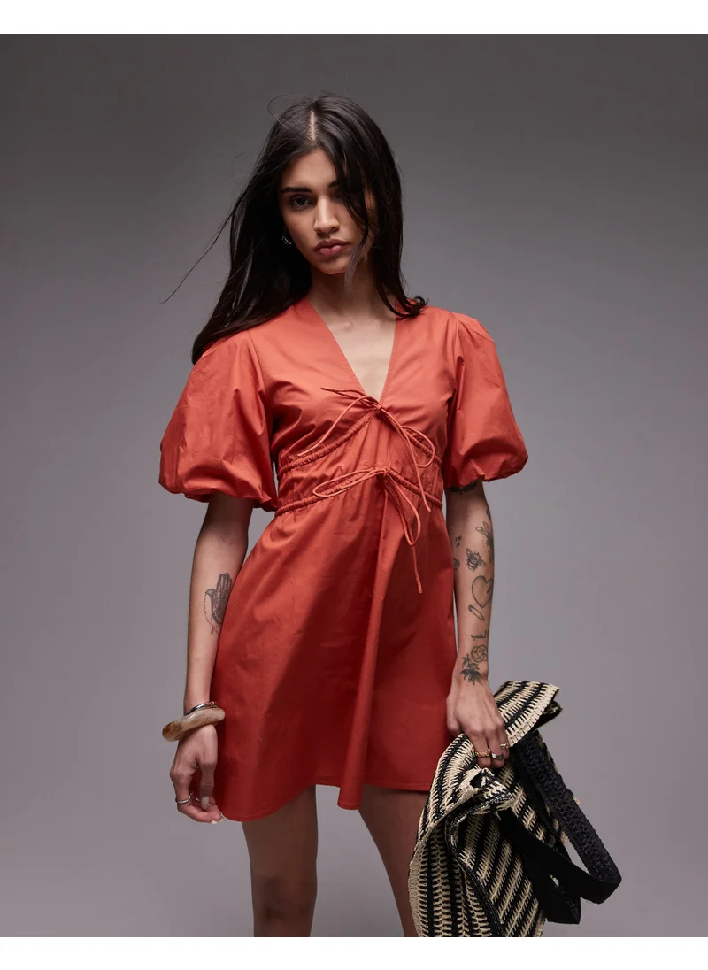 TOPSHOP V Neck Puff Sleeve Mini Dress