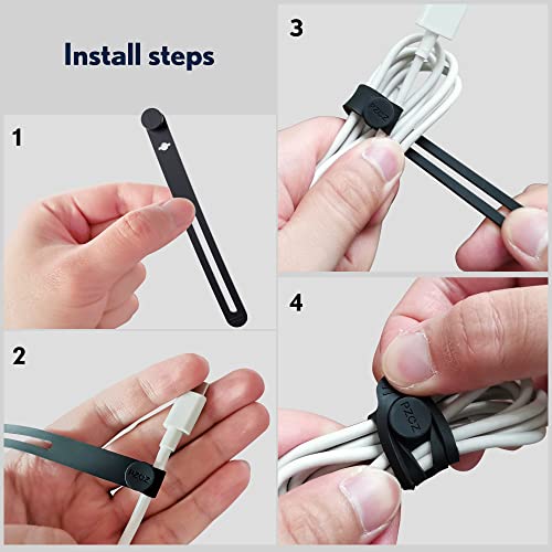 PZOZ (10 pcs) Reusable Cable Ties, Elastic Silicone Cord Organizer Straps Keeper Management Holder for iPhone Charging Cable Charger Wire Labels Desk Car and Travel Accessories (Black) - Image 3