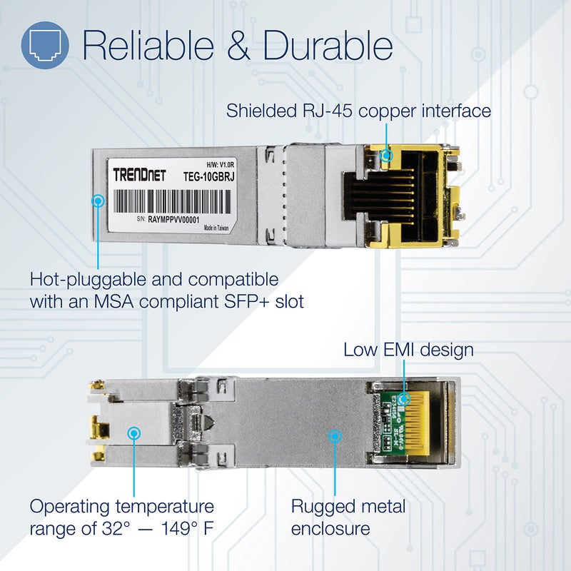 TRENDnet 10G RJ-45 Copper SFP+ Module, Convert A Standard SFP+ Slot Into A RJ-45 Multi-Gigabit Port, Connect Devices Up to 30m (98ft), Hot-Pluggable, Lifetime Protection, Silver, TEG-10GBRJ - Image 3
