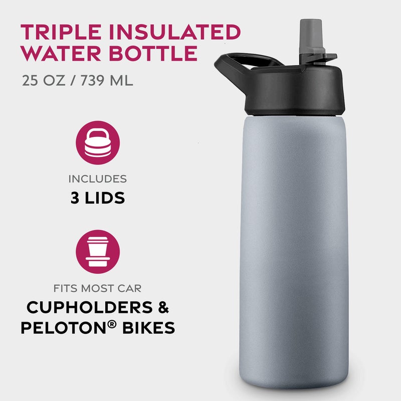 FineDine Triple Walled, Insulated Water Bottles with Straw - 25 Oz Stainless Steel Metal Bottle W/ 3 Leak Proof Lids - For Travel, School, Sports, Gym/Men, Women & Kids - Modern Lava Gray - Image 2