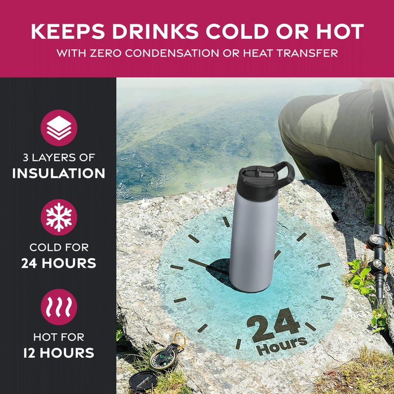 FineDine Triple Walled, Insulated Water Bottles with Straw - 25 Oz Stainless Steel Metal Bottle W/ 3 Leak Proof Lids - For Travel, School, Sports, Gym/Men, Women & Kids - Modern Lava Gray - Image 3