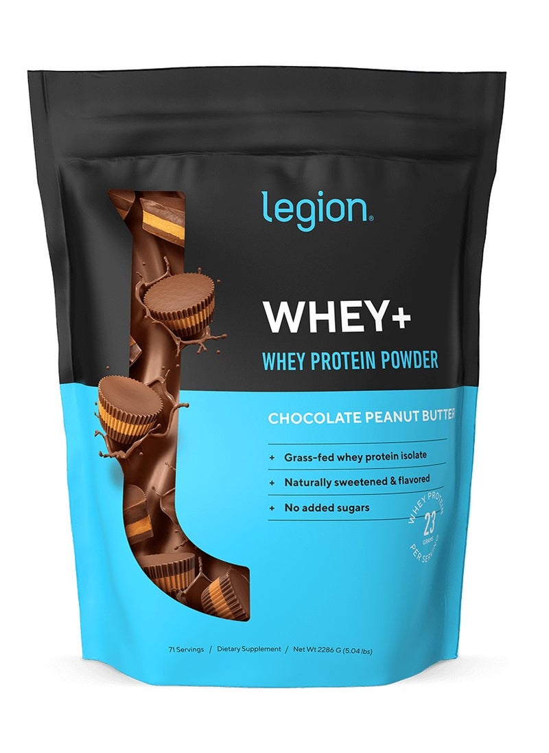 Legion Athletics - Whey+ Protein Powder chocolate peanut butter naturally sweetened and flavoured, grass fed whey protein isolate, hormone- & antibiotic free, no added sugars, 60 servings / dietary supplement / net wt 2034 g / 71.7 oz / 4.48 lbs 23 grams per servings. - Image 1