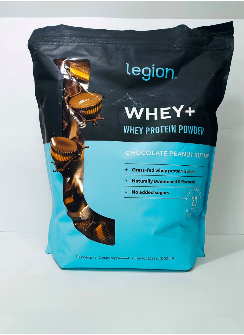 Legion Athletics - Whey+ Protein Powder chocolate peanut butter naturally sweetened and flavoured, grass fed whey protein isolate, hormone- & antibiotic free, no added sugars, 60 servings / dietary supplement / net wt 2034 g / 71.7 oz / 4.48 lbs 23 grams per servings. - Image 1