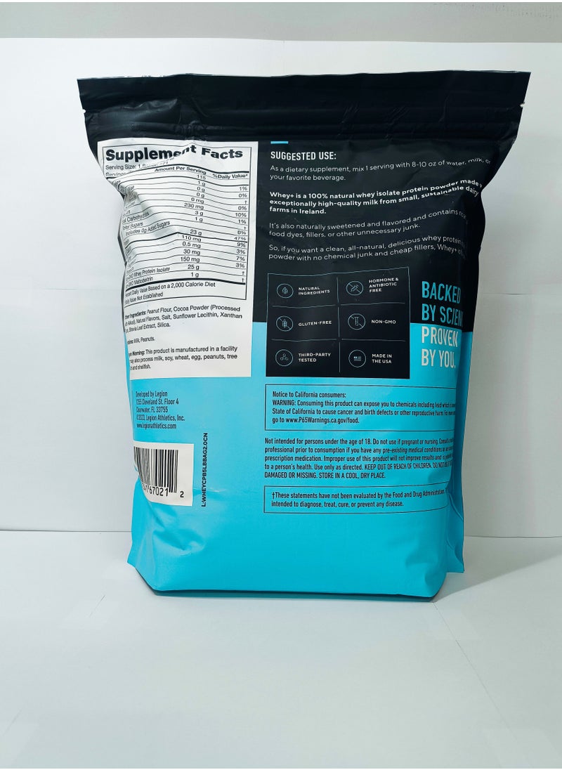 Legion Athletics - Whey+ Protein Powder chocolate peanut butter naturally sweetened and flavoured, grass fed whey protein isolate, hormone- & antibiotic free, no added sugars, 60 servings / dietary supplement / net wt 2034 g / 71.7 oz / 4.48 lbs 23 grams per servings. - Image 1