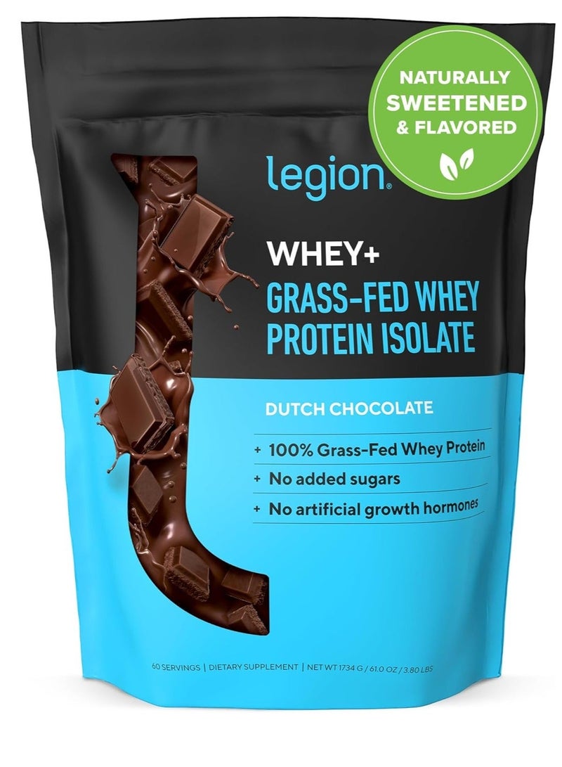 Legion Athletics Whey+ Protein Powder chocolate peanut butter naturally sweetened and flavoured, grass fed whey protein isolate, hormone- & antibiotic free, no added sugars, 60 servings / dietary supplement / net wt 2034 g / 71.7 oz / 4.48 lbs 23 grams per servings. - Image 1