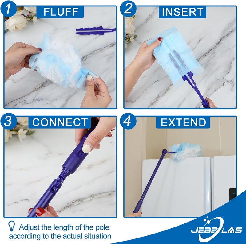 Jebblas Disposable Blue Duster Including 1 Long Handle, 1 Short Handle and 20 Duster Refills, Electrostatic Duster Kit, Heavy Duty Extender Handle Starter Kit - Image 5