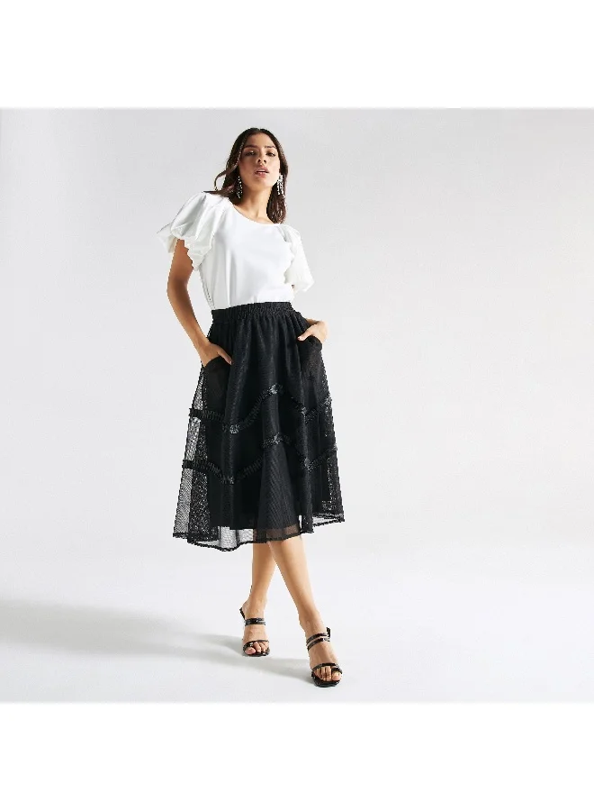Splash FAV Lace Detail Midi Skirt with Elasticated Waistband and Pockets