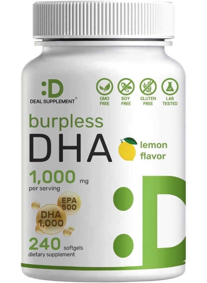 DEAL SUPPLEMENT Dha Supplements | 240 Softgels, Burpless, Lemon Flavor, Dha 1000Mg + Epa 500Mg, Wild Caught Fish, Rich In Omega-3S, Mercury Free, Non-Gmo, Support Brain Heart & Joint Health - Image 1