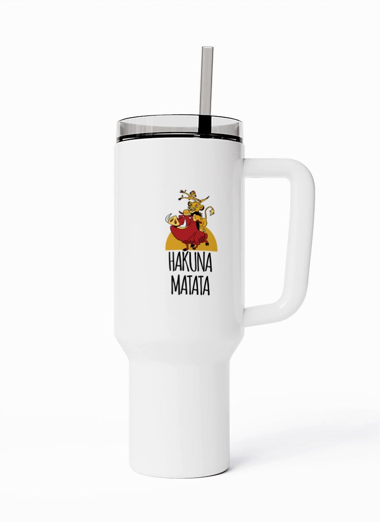 LOUD UNIVERSE Travel Tumbler Hakuna Matata Lion King Timon Pumba Simon 1200 ml Tumbler with handle, straw and Lid - Image 1