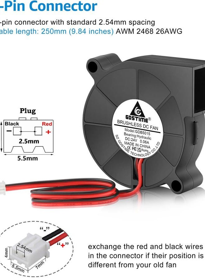 GDSTIME 2Pcs 5015 Part Cooling Blowers 24V 50mm x 15mm Brushless DC Turbine Turbo Fan 2Pin Hydraulic Bearing for 3D Printer Ender 3 Replacement - Image 5