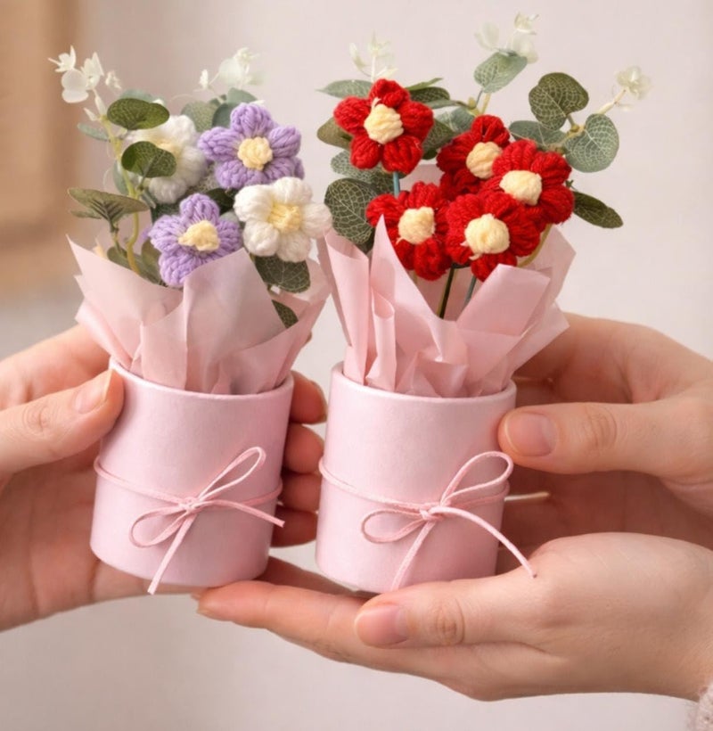 VRB Dec 2 pcs Artificial Crochet Flower Bouquet/Artificial Flowers Bunch/Crochet Flower/Flowers Bouquet Gift for Girls Home Decor,Gifting,etc. (2 Pcs Lavender & Red Daisy Bouquet) - Image 1