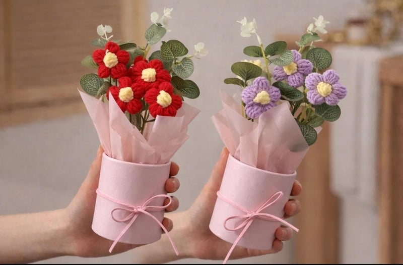 VRB Dec 2 pcs Artificial Crochet Flower Bouquet/Artificial Flowers Bunch/Crochet Flower/Flowers Bouquet Gift for Girls Home Decor,Gifting,etc. (2 Pcs Lavender & Red Daisy Bouquet) - Image 3