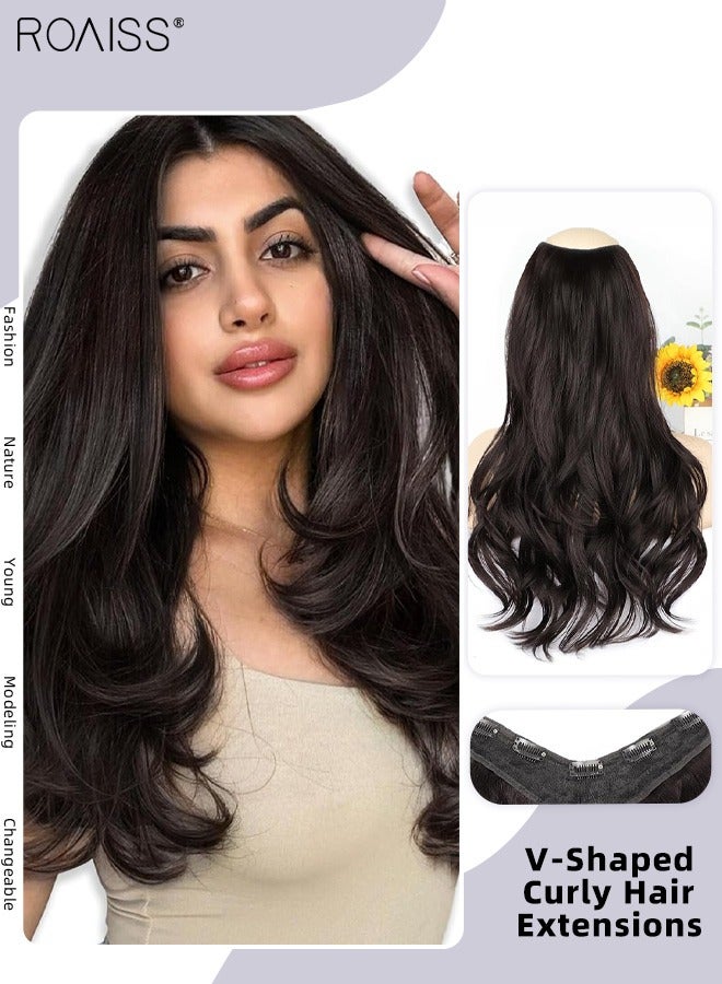 رويس وصلة شعر مجعدة على شكل حرف V غير مرئية بمشابك، شعر مستعار من قطعة واحدة مع 5 مشابك، قطعة شعر صناعية مقاومة للحرارة وناعمة للنساء، بني أسود، 50 سم (19.7 بوصة) - Image 1