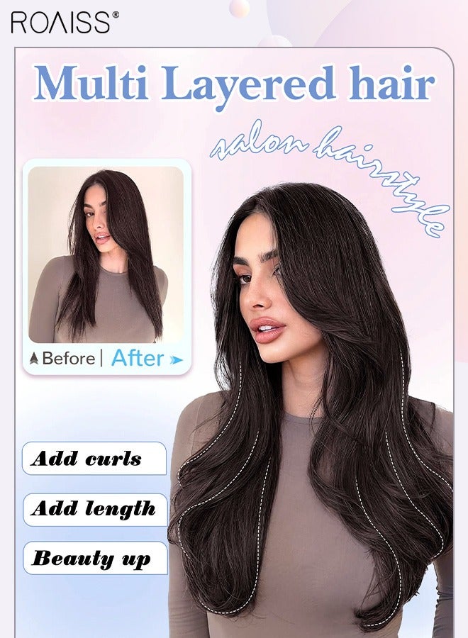 رويس وصلة شعر مجعدة على شكل حرف V غير مرئية بمشابك، شعر مستعار من قطعة واحدة مع 5 مشابك، قطعة شعر صناعية مقاومة للحرارة وناعمة للنساء، بني أسود، 50 سم (19.7 بوصة) - Image 2