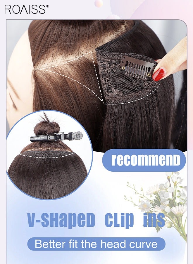 رويس وصلة شعر مجعدة على شكل حرف V غير مرئية بمشابك، شعر مستعار من قطعة واحدة مع 5 مشابك، قطعة شعر صناعية مقاومة للحرارة وناعمة للنساء، بني أسود، 50 سم (19.7 بوصة) - Image 5