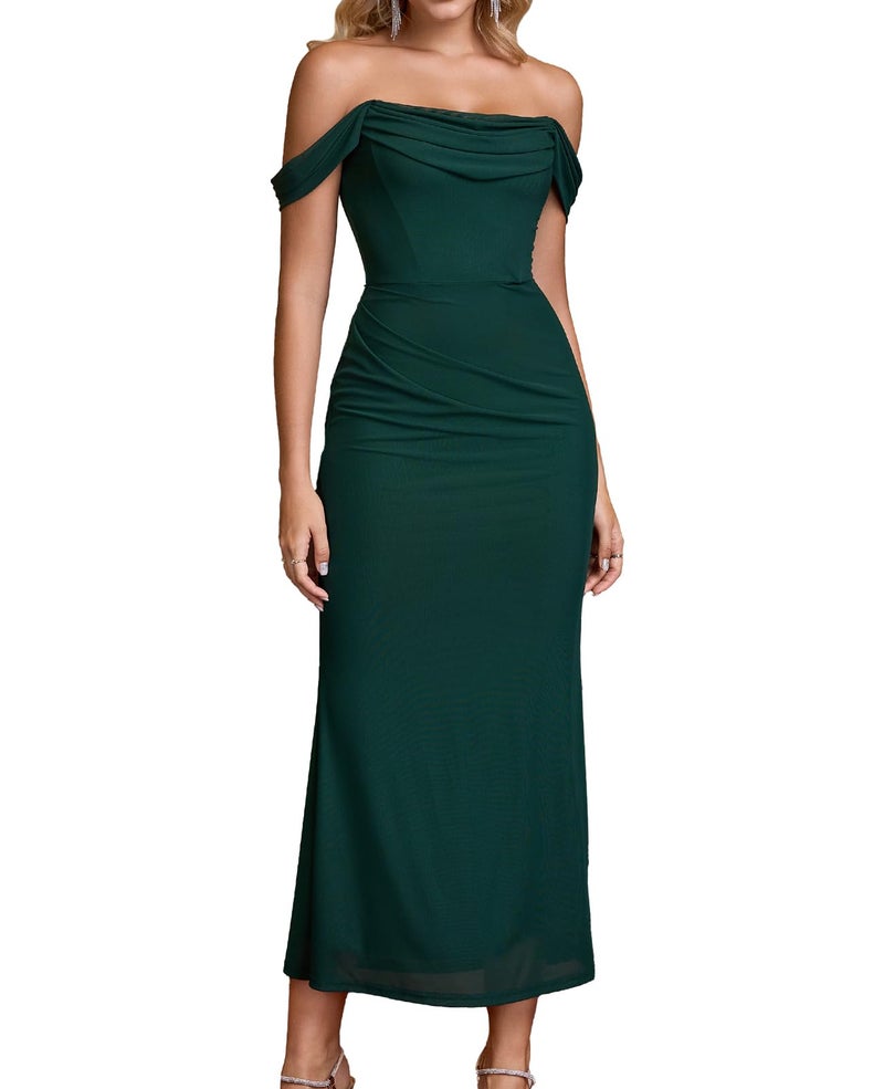 GLNEGE Womens Off the Shoulder Corset Formal Wedding Guest Maxi Dress Ruched Bodycon Long Cocktail Dresses - Image 1