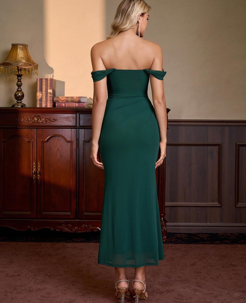 GLNEGE Womens Off the Shoulder Corset Formal Wedding Guest Maxi Dress Ruched Bodycon Long Cocktail Dresses - Image 3