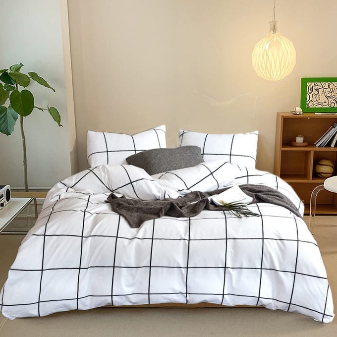 PLAID QUEEN COMFORTER SET 3PCS WHITE GRID BEDDING COMFORTER SETS GEOMETRIC COMFORTER SOFT WHITE COMFORTER WITH 2 PILLOW CASES