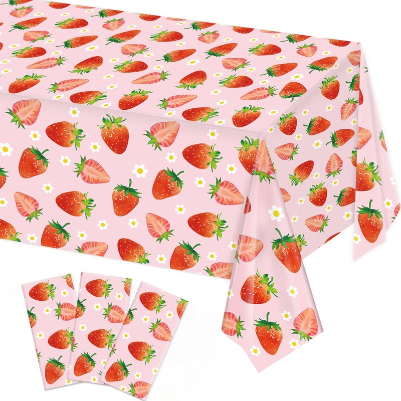 LINHAXM 3 Pack Strawberry Tablecloths Strawberry Birthday Plastic Table Cover for Berry First Birthday Decor Baby Shower Party Decorations, 54 x 108 Inch - Image 1