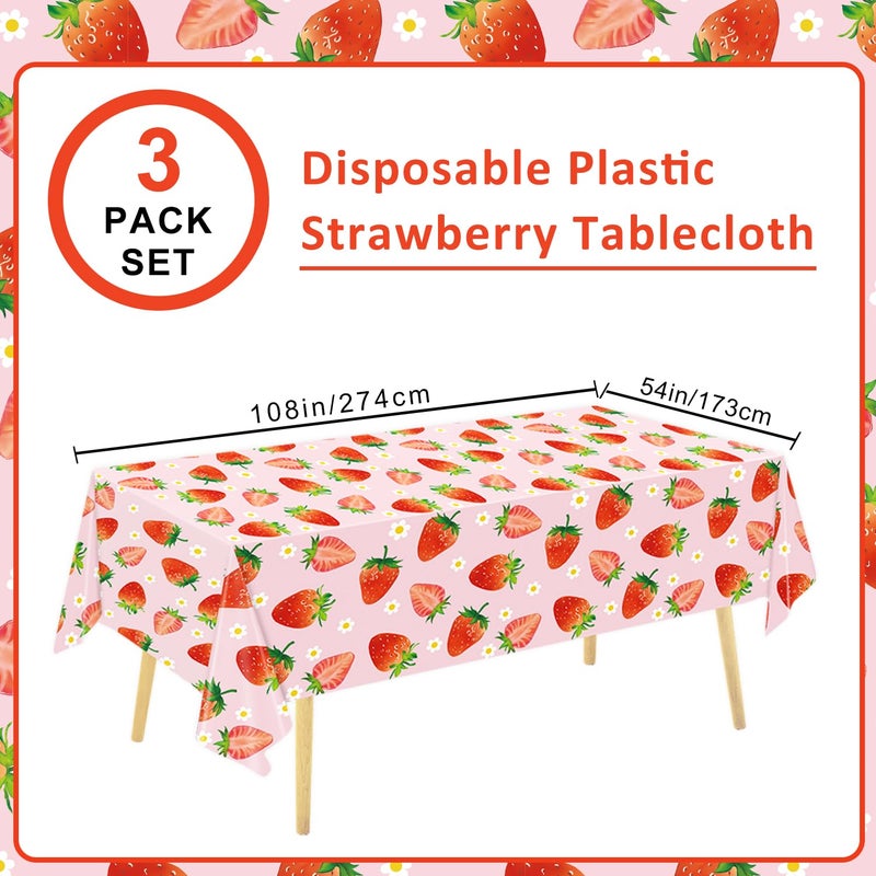 LINHAXM 3 Pack Strawberry Tablecloths Strawberry Birthday Plastic Table Cover for Berry First Birthday Decor Baby Shower Party Decorations, 54 x 108 Inch - Image 2