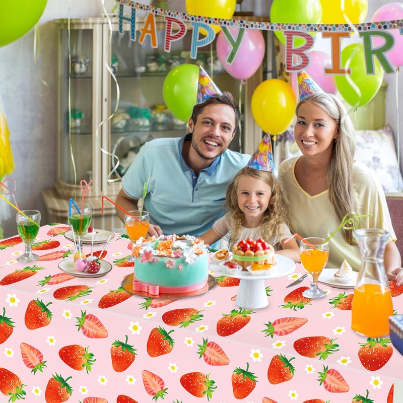 LINHAXM 3 Pack Strawberry Tablecloths Strawberry Birthday Plastic Table Cover for Berry First Birthday Decor Baby Shower Party Decorations, 54 x 108 Inch - Image 4
