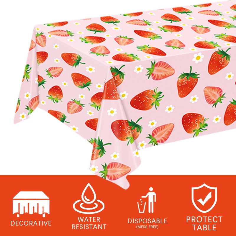 LINHAXM 3 Pack Strawberry Tablecloths Strawberry Birthday Plastic Table Cover for Berry First Birthday Decor Baby Shower Party Decorations, 54 x 108 Inch - Image 3