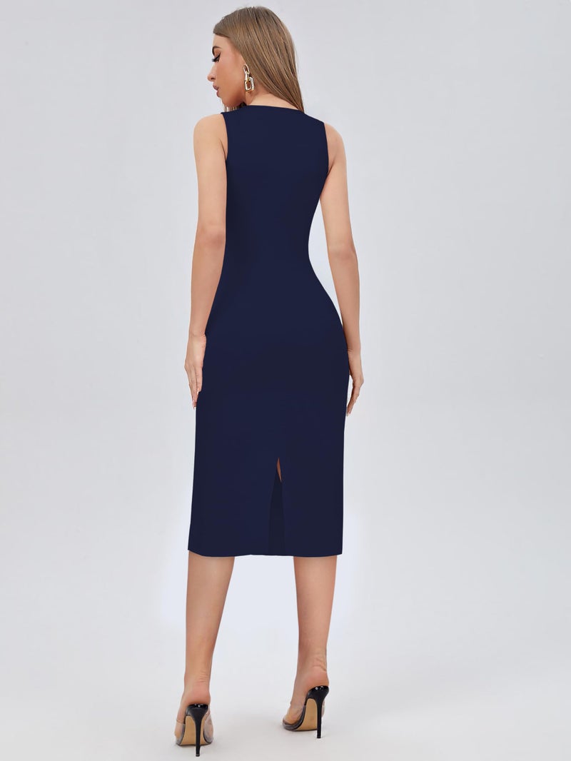 Toochki Women's Blue Spandex Solid Bodycon Western Dress | A line | Winter | Western | Latest | Trendy | Midi - Image 4
