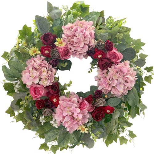 HipTree 24 Inch Spring Wreaths for Front Door,Handmade Pink Burgundy Silk Hydrangeas & Roses Floral Wreath for Mothers Day Valentines Day Decorations,Indoor Outdoor and Wall Decor - Image 1