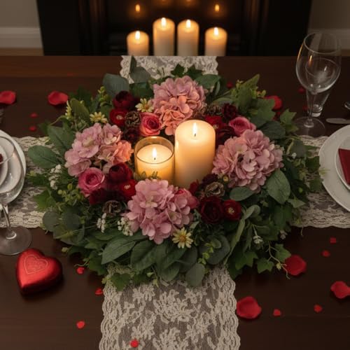 HipTree 24 Inch Spring Wreaths for Front Door,Handmade Pink Burgundy Silk Hydrangeas & Roses Floral Wreath for Mothers Day Valentines Day Decorations,Indoor Outdoor and Wall Decor - Image 2